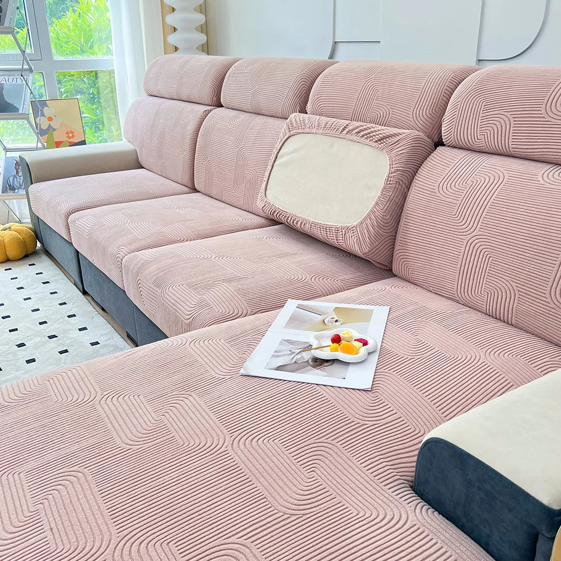 Lamp Post sofa seat cushion cover for living room, beige protector sofa cover with back support, fits standard L-shaped sofas.