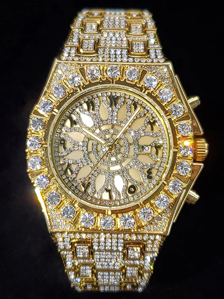 Big diamond gold men's luxury quartz watch with iced out design and calendar display by Lamp Post.