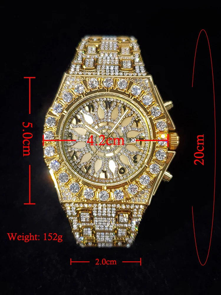 Big diamond gold men's watch by Lamp Post featuring iced-out design, luxury quartz movement, and calendar display.