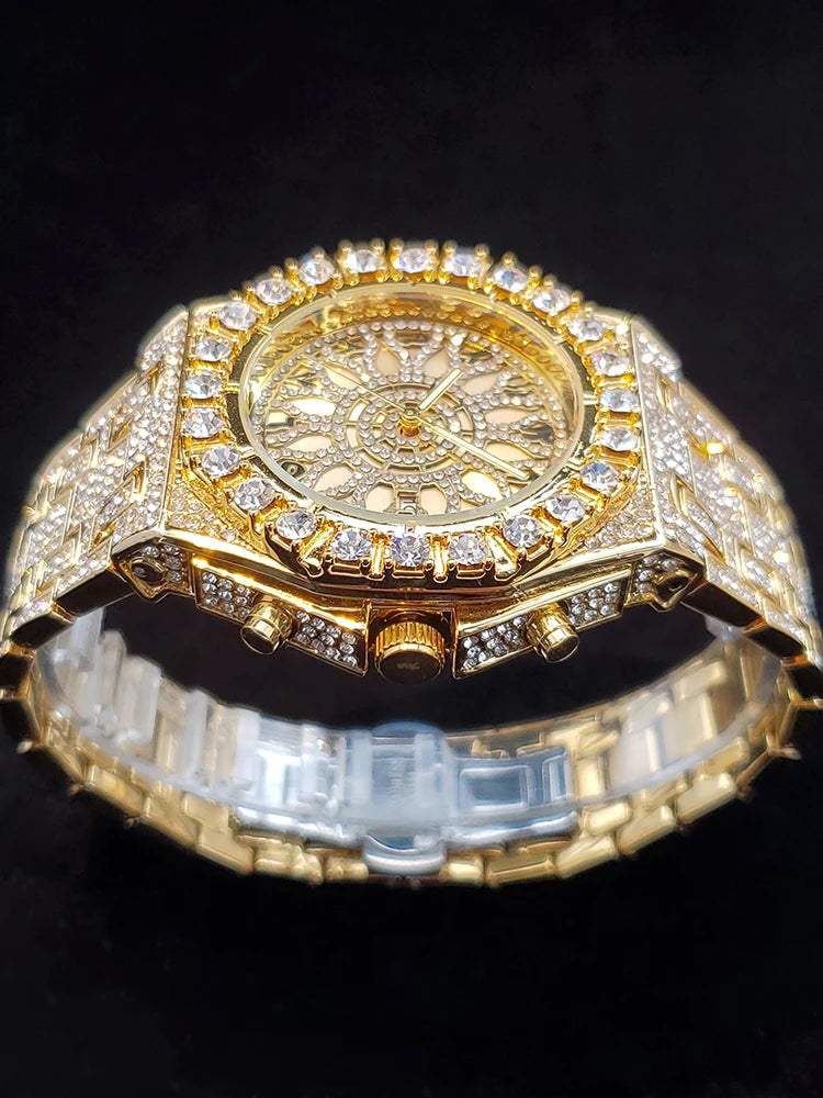 Big Diamond Gold Men's Watch by Lamp Post featuring iced-out design, luxury quartz movement, and calendar display.