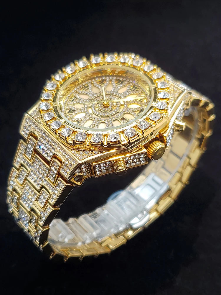 Lamp Post men's luxury gold watch with big diamond accents, iced out design, quartz movement, and calendar display.