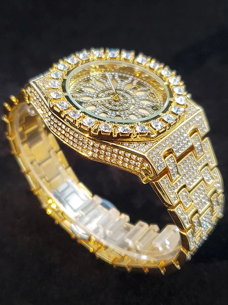 Big Diamond Gold Men's Watch by Lamp Post featuring iced-out design, luxury quartz movement, and calendar display.