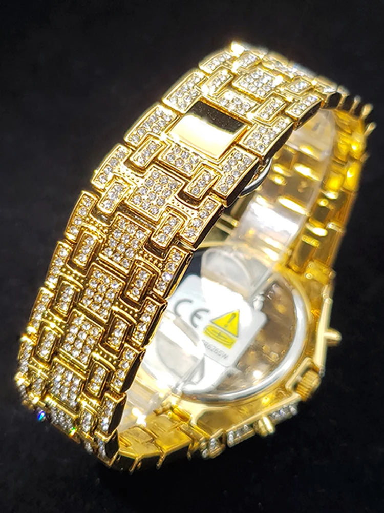 Lamp Post men's gold diamond watch with iced-out design, luxury quartz movement, and calendar display.