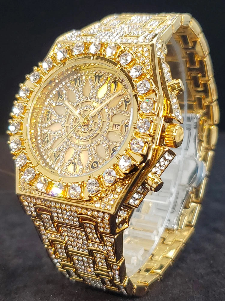 Big diamond gold men's luxury quartz watch by Lamp Post with iced-out design and calendar feature.