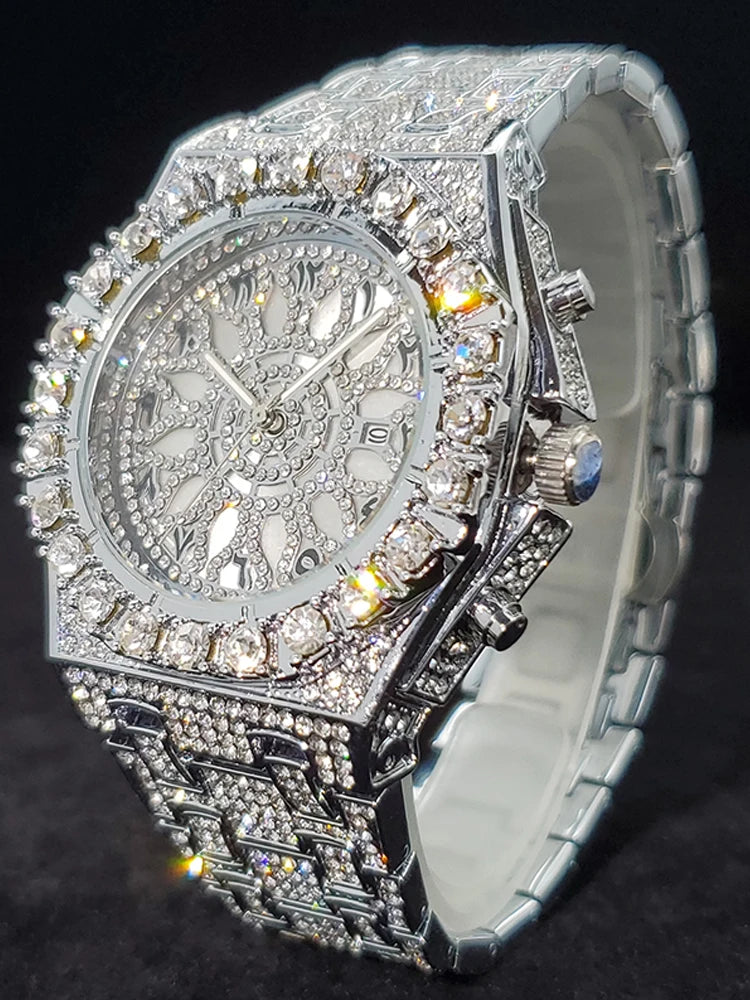 Gold men's luxury watch with big diamond accents, quartz movement, and calendar display by Lamp Post.