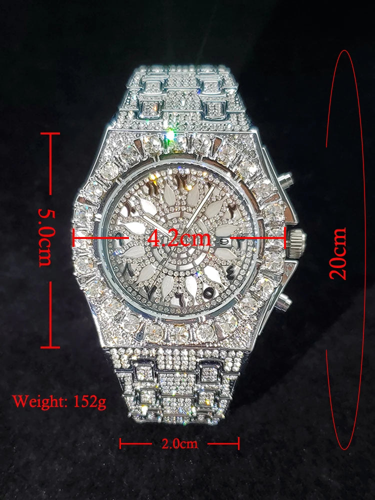 Luxury gold men's watch with big diamond accents, iced out design, quartz movement, and calendar feature by Lamp Post.