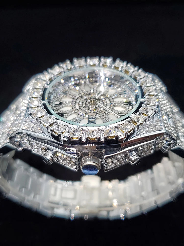 Big diamond gold men's watch by Lamp Post, iced out luxury quartz watch with calendar feature, featuring a gold band and diamond accents.