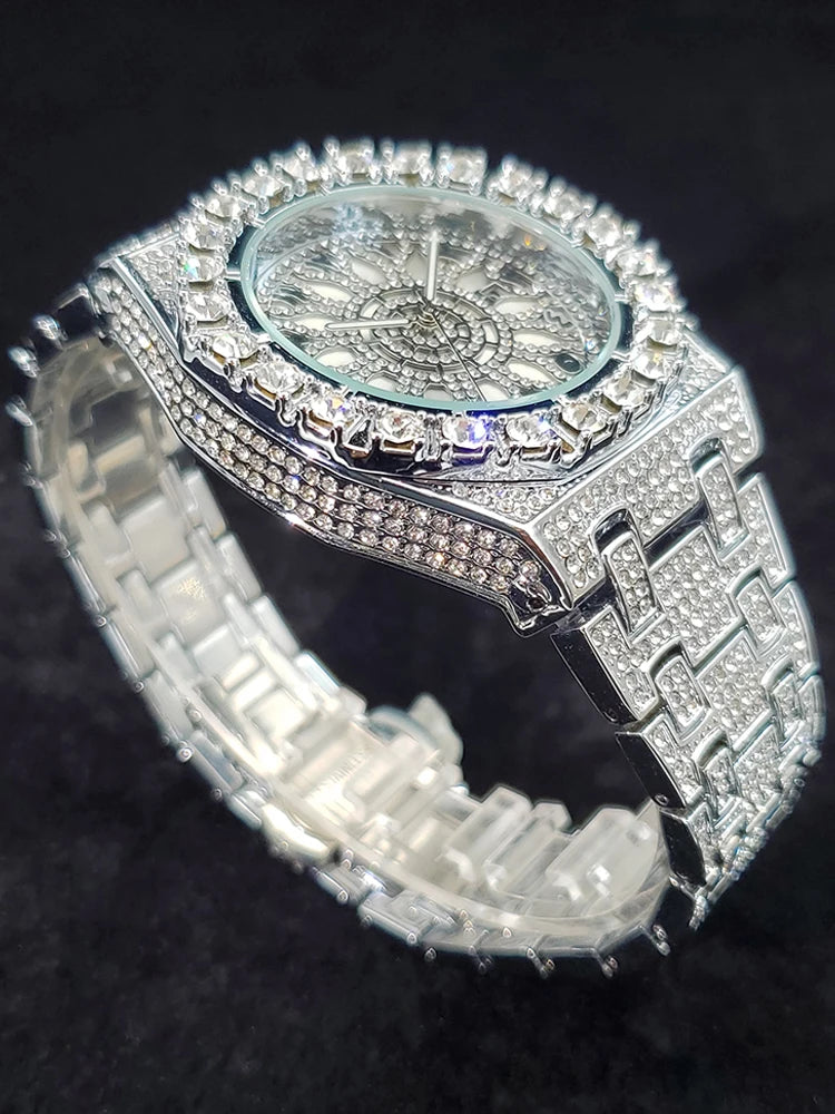 Big Diamond Gold Men’s Watch by Lamp Post featuring iced-out design, luxury quartz movement, and calendar display.