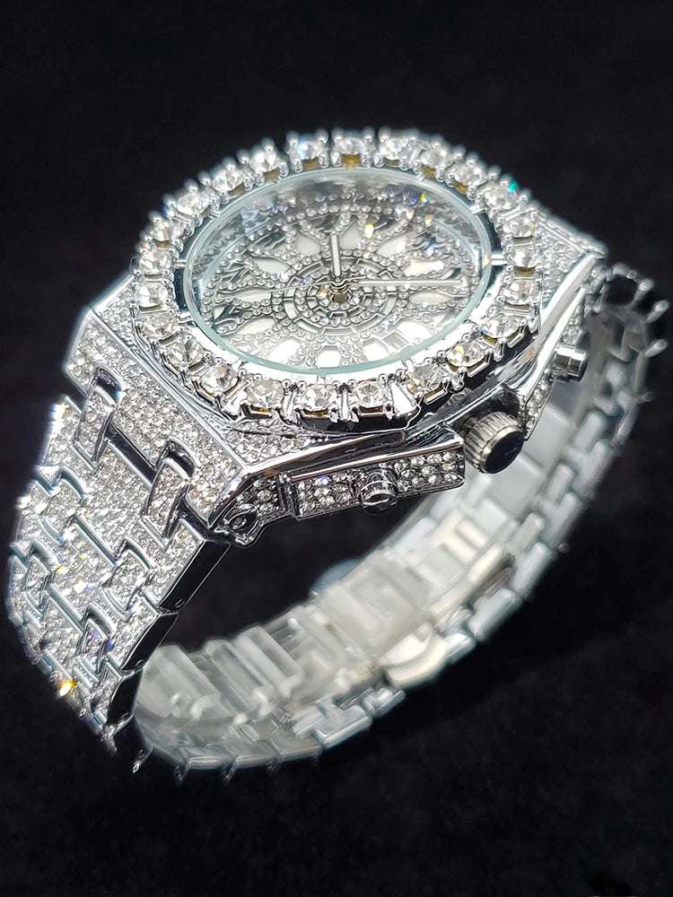Big Diamond Gold Men’s Watch by Lamp Post featuring iced out luxury design, quartz movement, and calendar display.