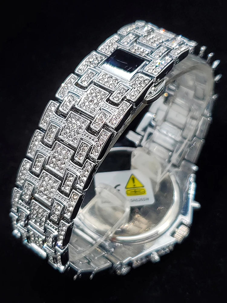 Big diamond gold men's watch by Lamp Post featuring iced-out design, luxury quartz movement, and calendar display.