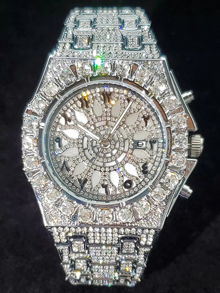 Big Diamond Gold Men’s Watch by Lamp Post with iced-out design, luxury quartz movement, and calendar feature.