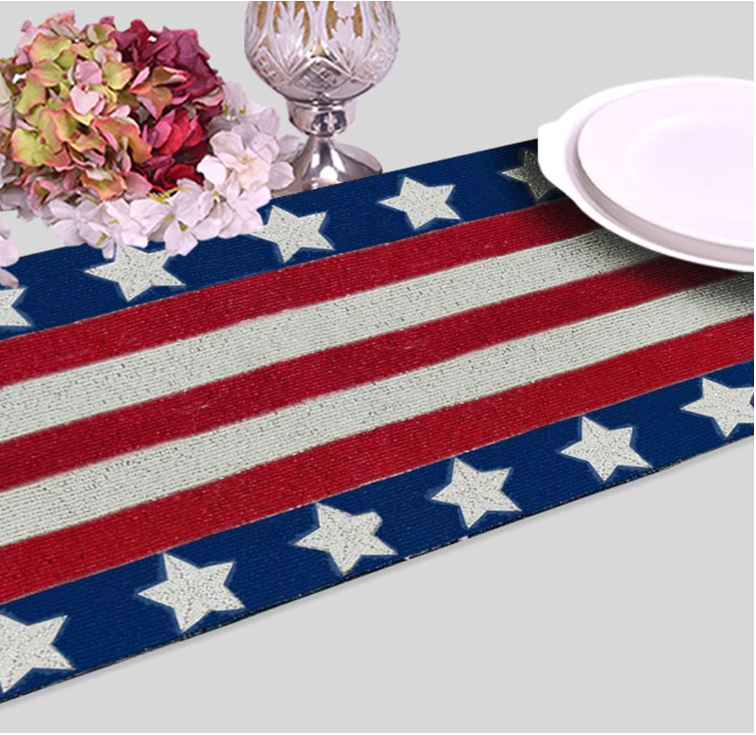 American Flag table runner by Lamp Post, patriotic decor with stars and stripes, perfect for 4th of July, Memorial Day, or everyday pride.