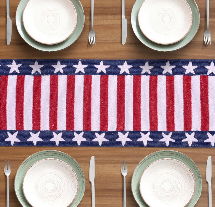 American Flag table runner by Lamp Post featuring patriotic red, white, and blue stars and stripes for 4th of July and Memorial Day.