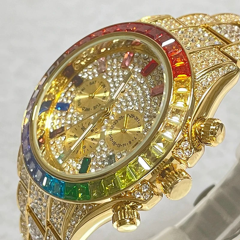 Men’s gold luxury watch with diamond accents in hip hop style, by Lamp Post, showcasing a bold, stylish timepiece.