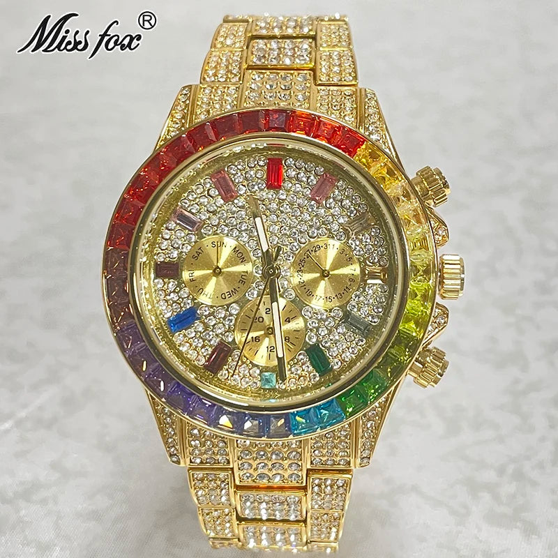 Men’s gold luxury watch with diamond accents in hip hop style, by Lamp Post, featuring a bold, stylish design.