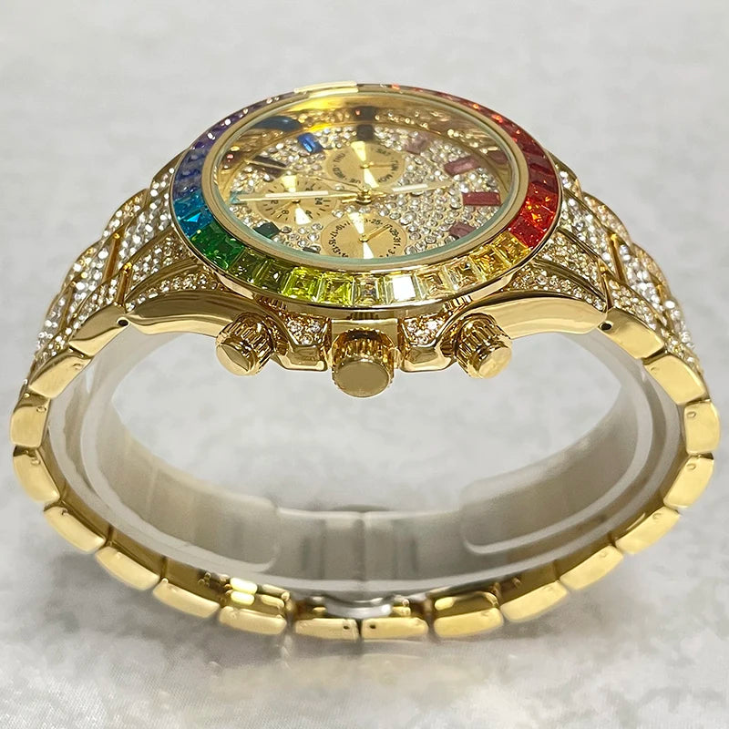 Men’s gold luxury watch by Lamp Post with diamond accents, hip hop style, featuring a bold design and metallic band.