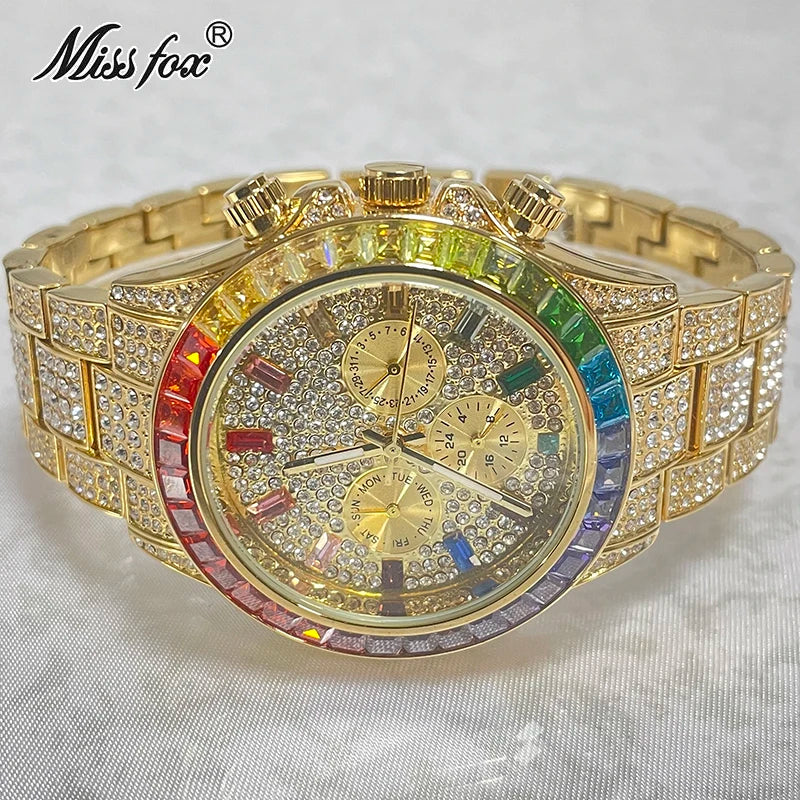 Men’s gold luxury watch with diamond accents in hip hop style by Lamp Post, featuring a bold gold band and intricate dial design.