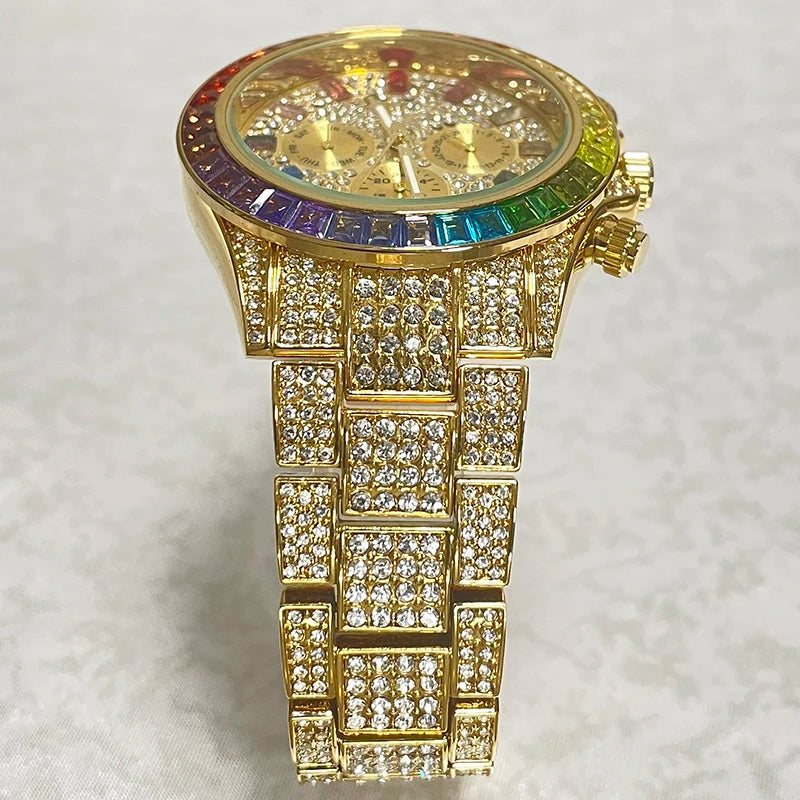 Men’s gold luxury watch by Lamp Post with diamond accents, hip hop style, featuring a bold gold band and intricate dial design.