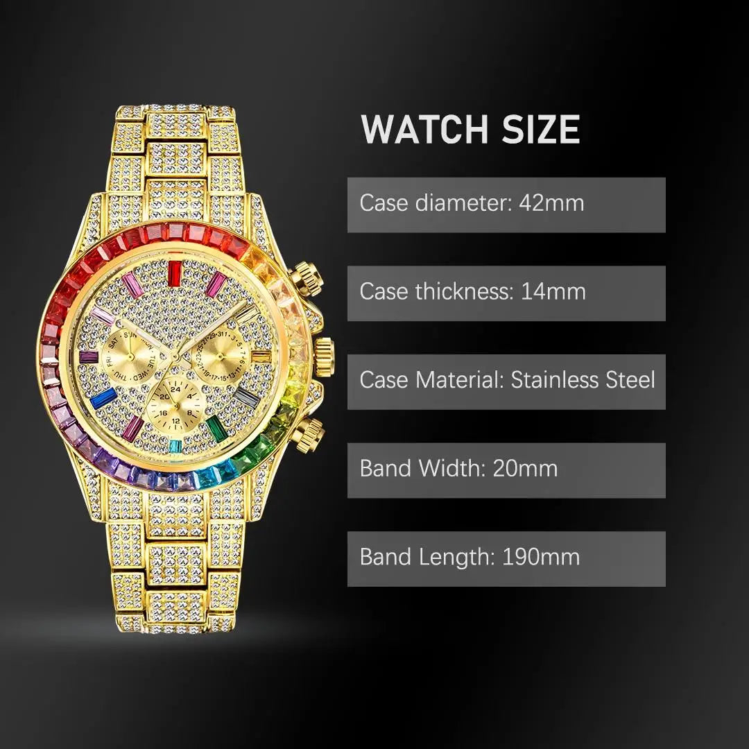 Men’s gold luxury watch with diamond accents in hip hop style by Lamp Post, featuring a bold, stylish design and gold band.