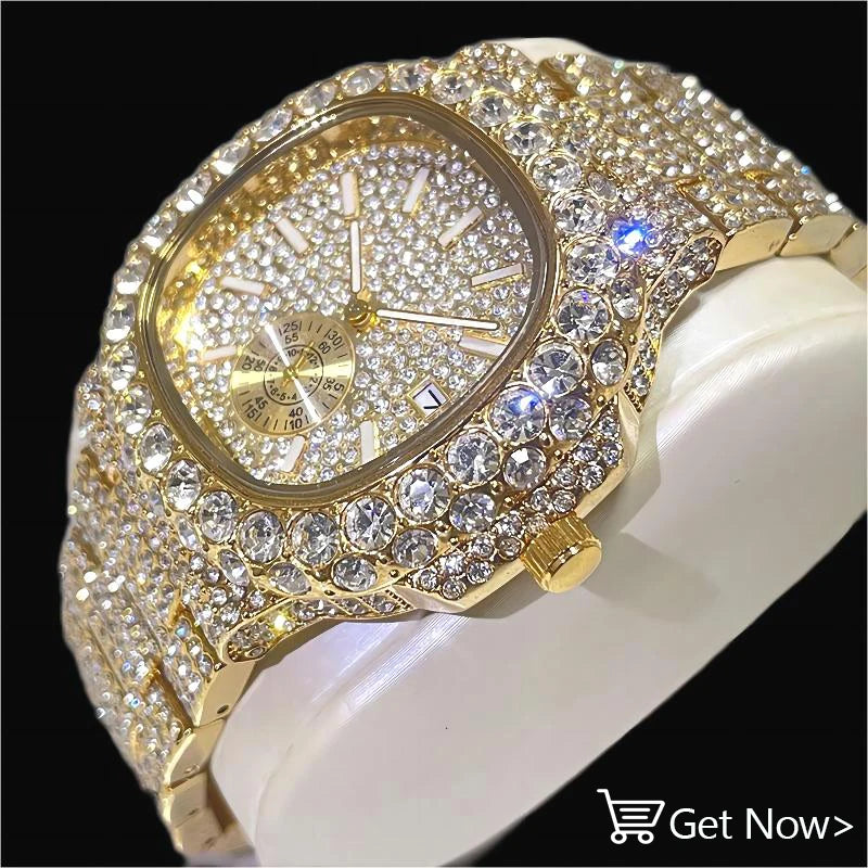 Men’s gold luxury watch by Lamp Post featuring diamond accents and hip hop style design, shown on a wrist.