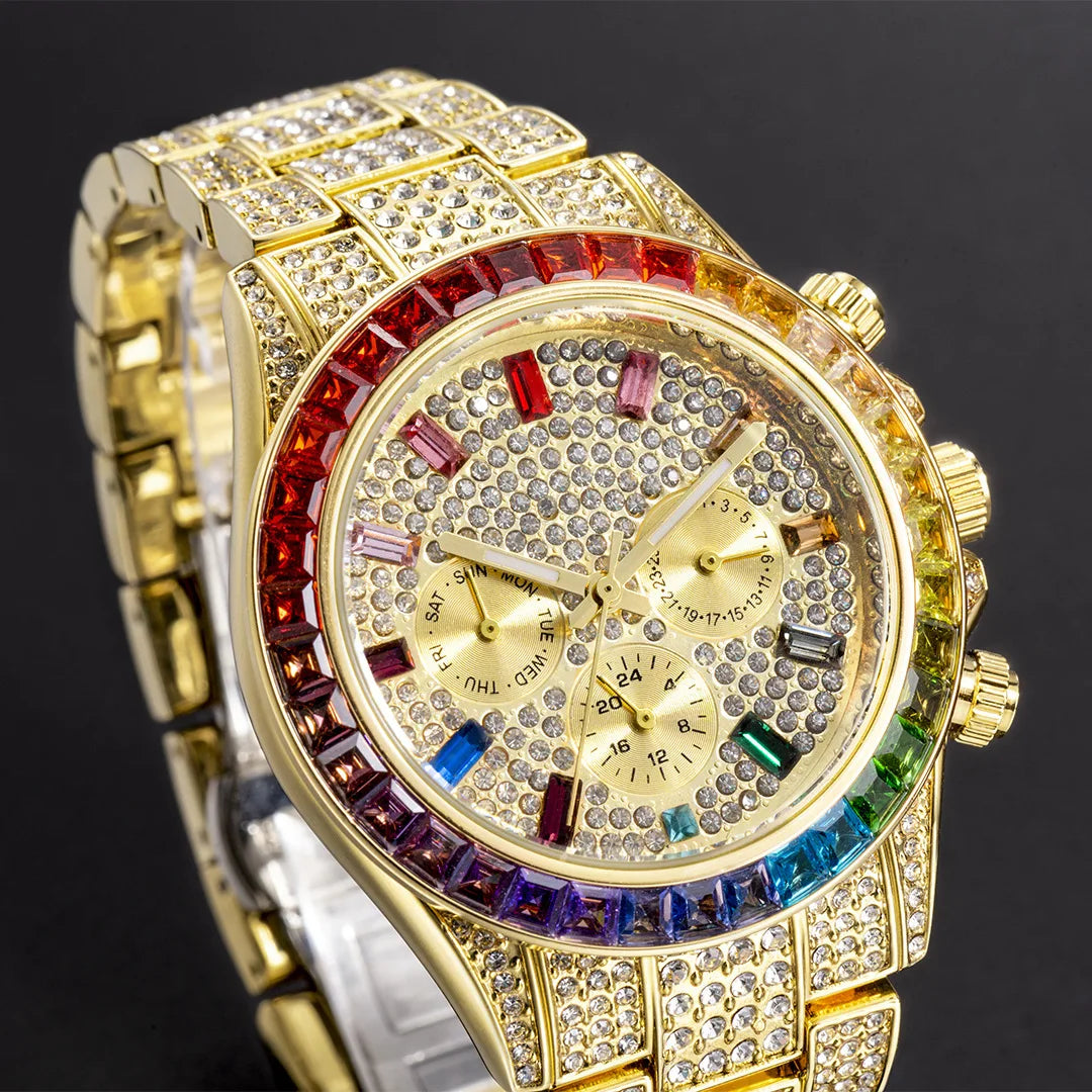 Men’s gold luxury watch with diamond accents in hip hop style by Lamp Post, featuring a bold design and intricate details.