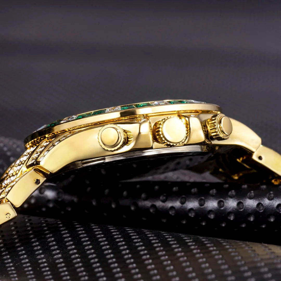 Men’s gold luxury watch by Lamp Post featuring diamond accents and hip hop style design.