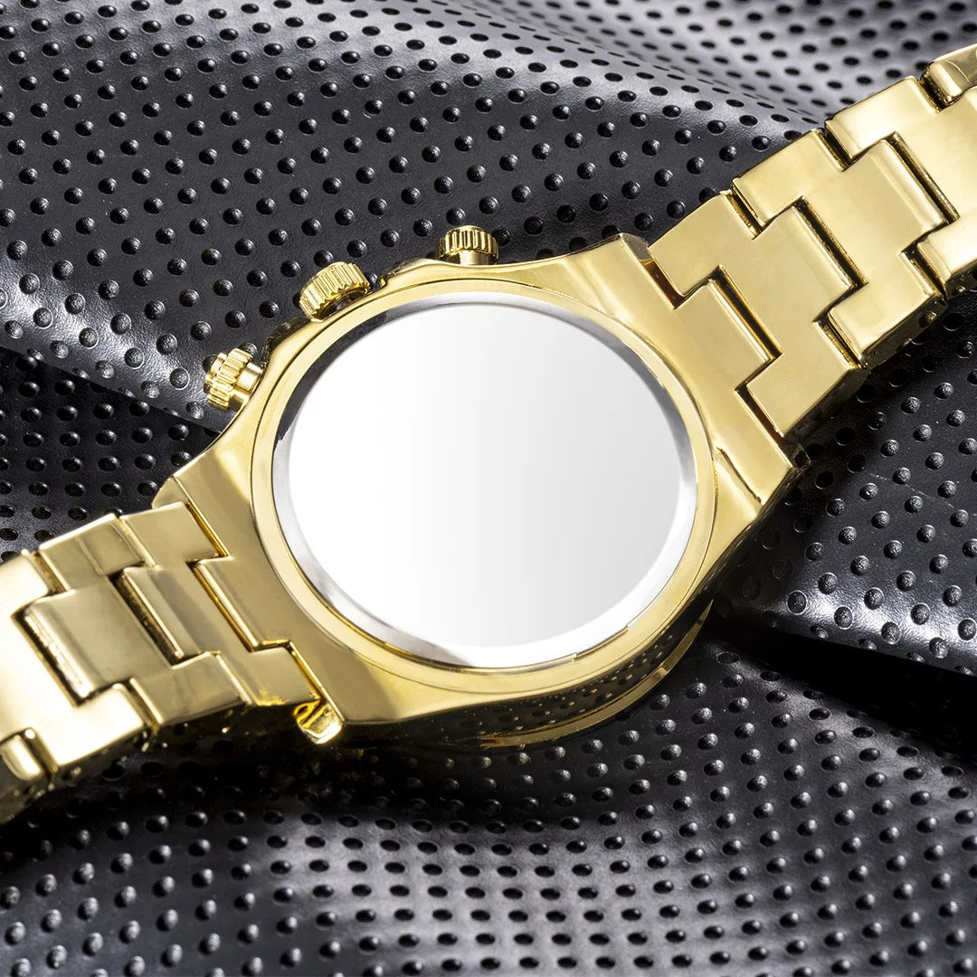 Men’s gold luxury watch by Lamp Post with diamond accents, hip hop style, featuring a sleek gold band and bold watch face.