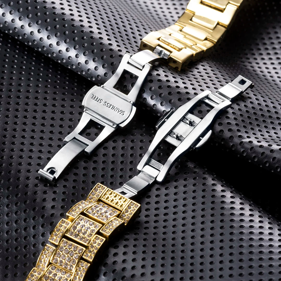 Men’s gold luxury watch by Lamp Post featuring diamond accents and hip-hop style design.