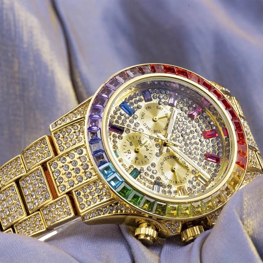 Men’s gold luxury watch by Lamp Post with diamond accents in hip hop style, featuring a bold design and metallic band.