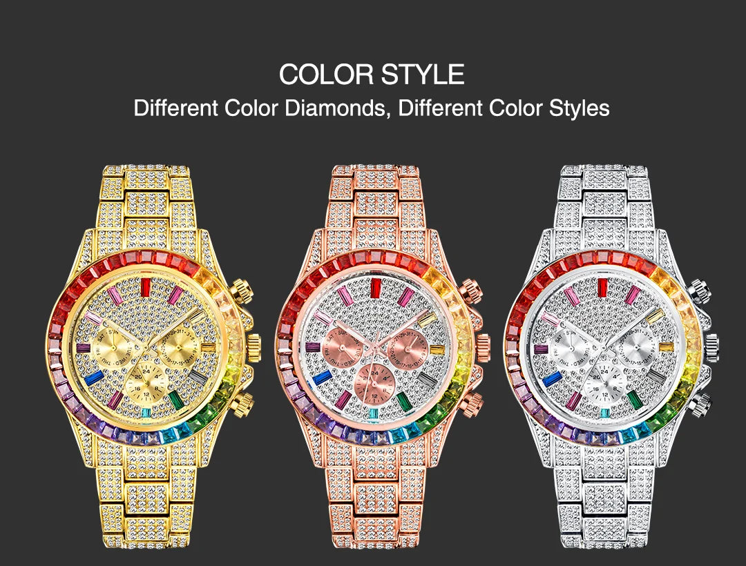 Men’s gold luxury watch by Lamp Post featuring diamond accents and a hip hop style design.