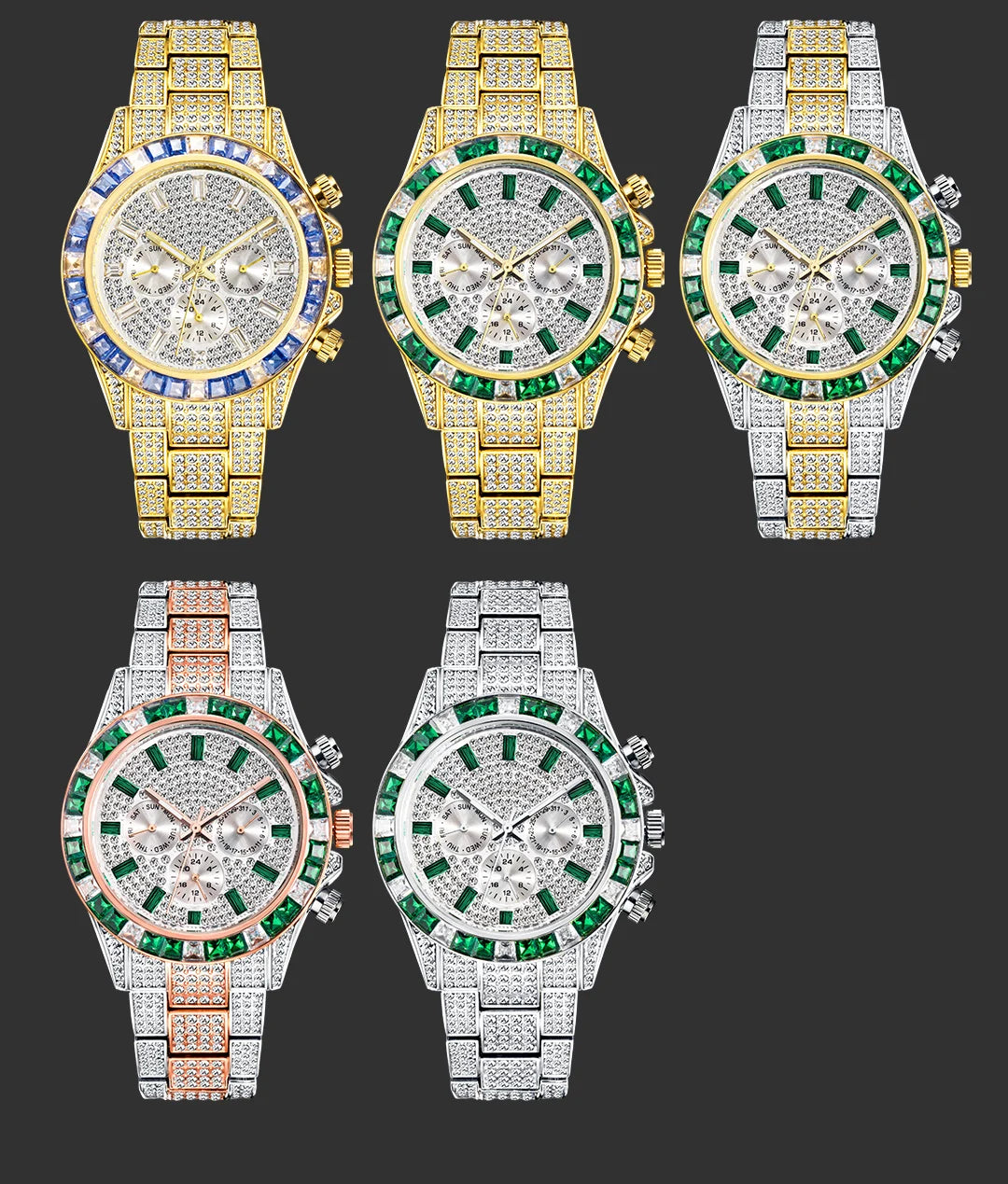 Men’s gold luxury watch with diamond accents in hip hop style by Lamp Post, featuring a bold gold strap and intricate dial design.