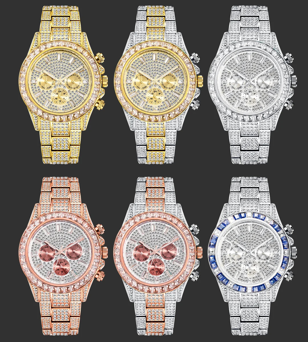 Men’s gold luxury watch by Lamp Post featuring diamond accents and a hip hop style design, displayed on a white background.