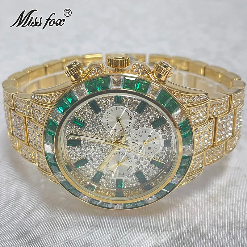 Men’s gold luxury watch by Lamp Post featuring diamond accents and a hip hop style design, shown on a wrist.