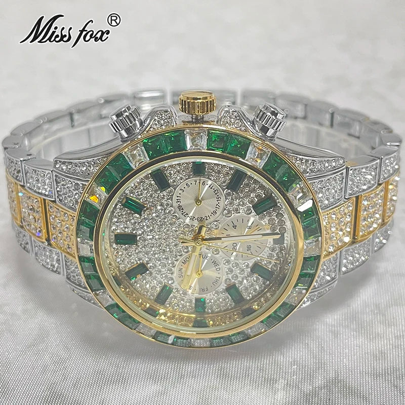 Men’s gold luxury watch with diamond accents in hip hop style by Lamp Post, featuring a bold, stylish design.