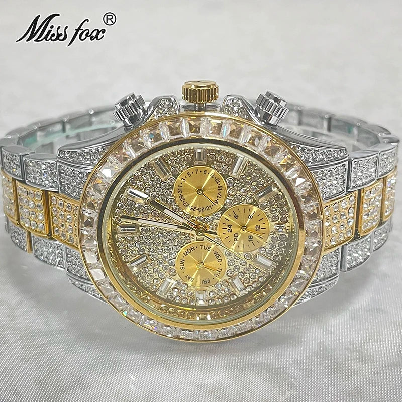 Men’s gold luxury watch by Lamp Post featuring diamond accents and hip hop style design, showcasing a bold and fashionable timepiece.