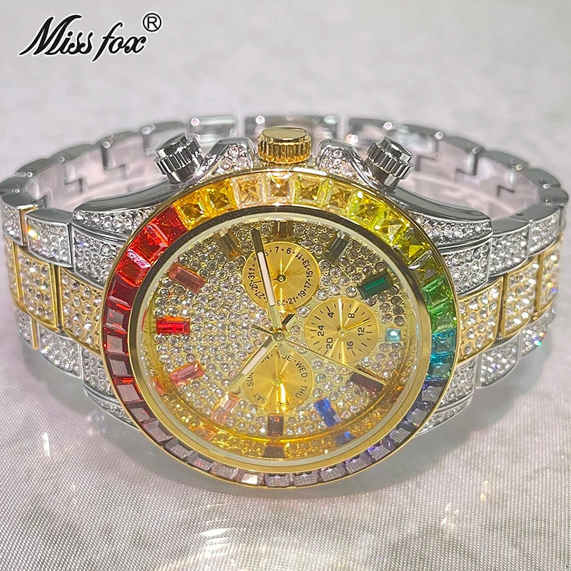 Men’s gold luxury watch by Lamp Post featuring diamond accents and a hip hop style design.