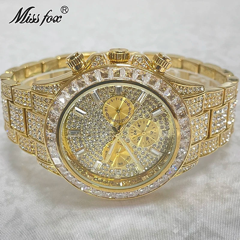 Men’s gold luxury watch by Lamp Post featuring diamond accents and a hip hop style design.