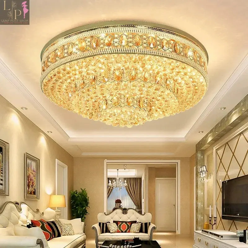 European crystal LED ceiling chandelier by Lamp Post with gold finish, ideal for living room and foyer decor.