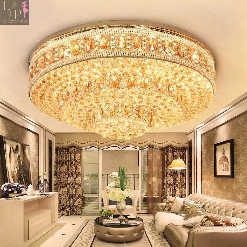 European Crystal LED ceiling chandelier by Lamp Post with gold finish, featuring elegant crystal accents for living room and foyer decor