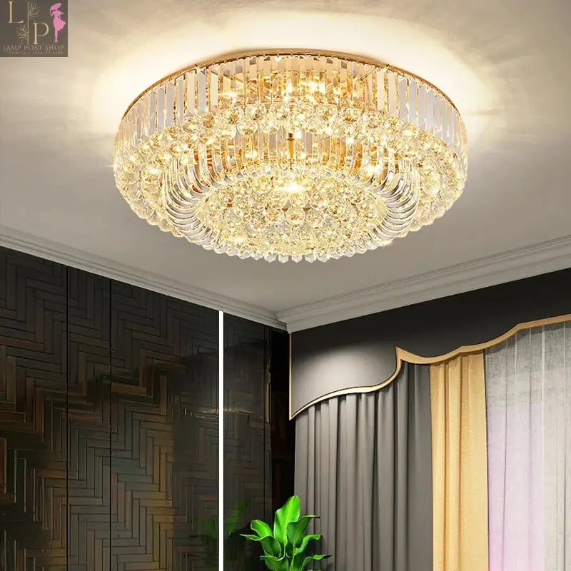 European Crystal LED Ceiling Chandelier by Lamp Post with gold finish, elegant design for living room and foyer decor.