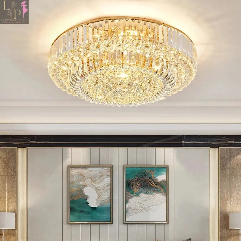 European crystal LED ceiling chandelier by Lamp Post with gold finish, ideal for living room and foyer decor, featuring elegant crystal details.