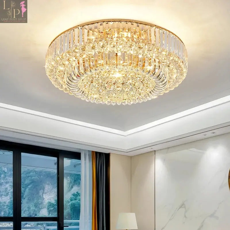 European Crystal LED Ceiling Chandelier by Lamp Post with warm gold finish, elegant lighting fixture for living room and foyer decor