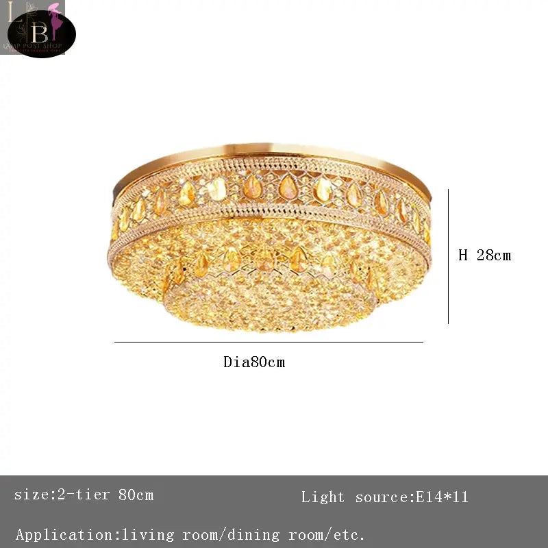 Golden European crystal LED ceiling chandelier by Lamp Post, elegant lighting fixture for living rooms and foyers.