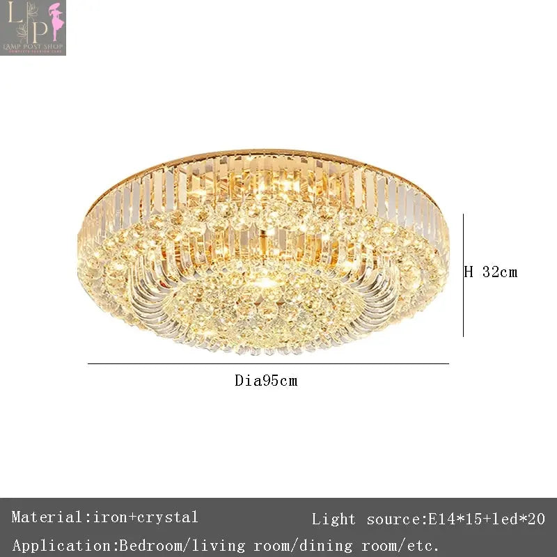 European Crystal LED Ceiling Chandelier by Lamp Post with gold finish, elegant design, perfect for living room and foyer decor.
