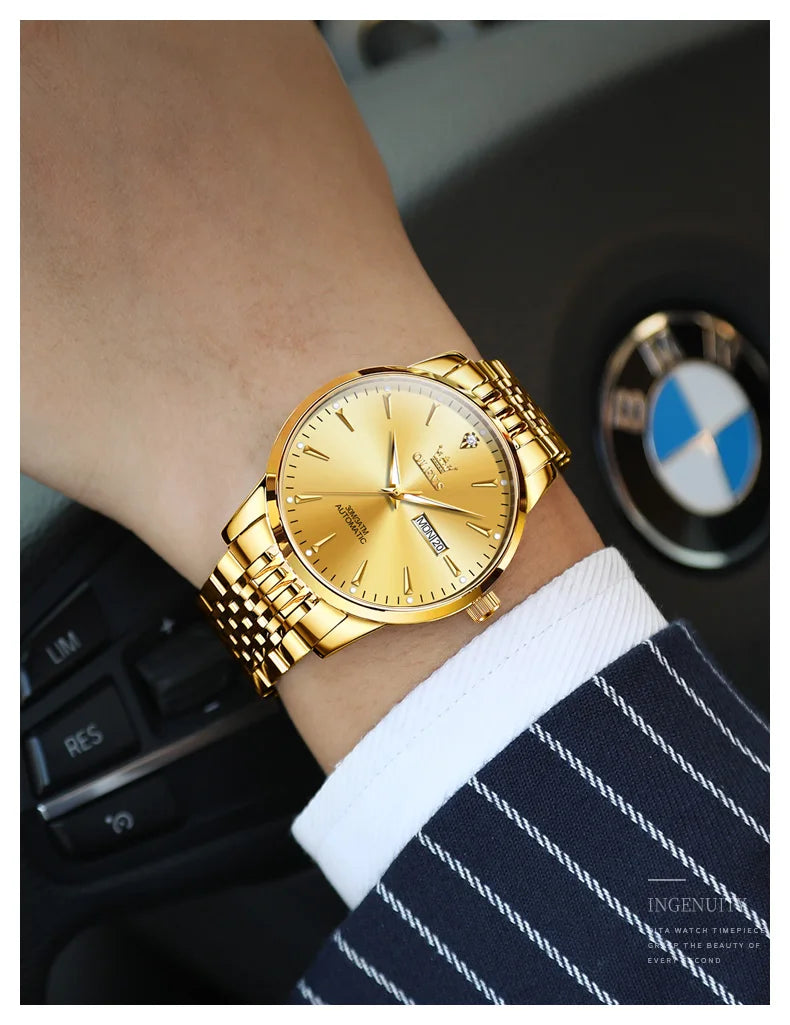 Gold men's stainless steel automatic mechanical wristwatch with luminous dial, waterproof design, and date display.