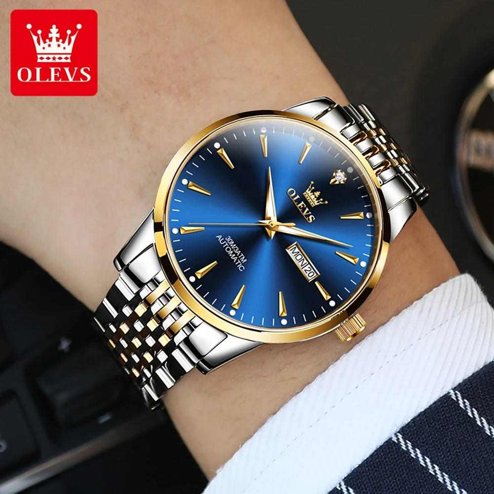 Men's Lamp Post gold and white stainless steel automatic mechanical wristwatch with luminous dial, waterproof, and date display.