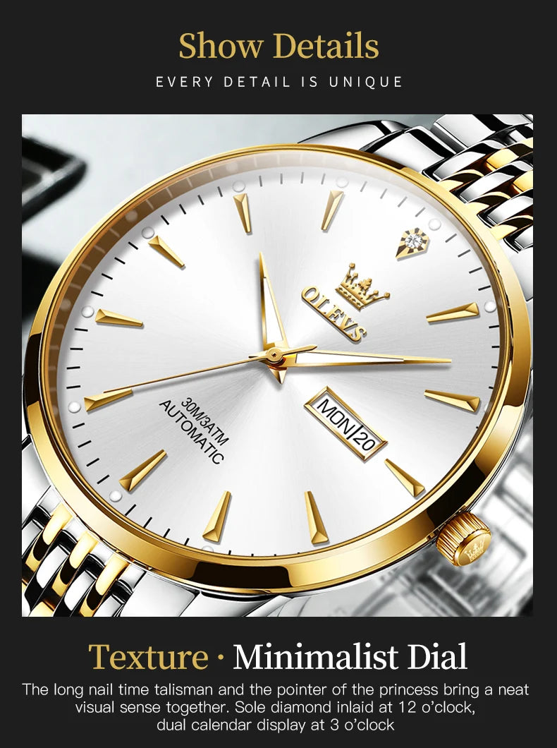 Gold and white men's business wristwatch by Lamp Post featuring automatic mechanical movement, waterproof, luminous dial, stainless steel, and date.