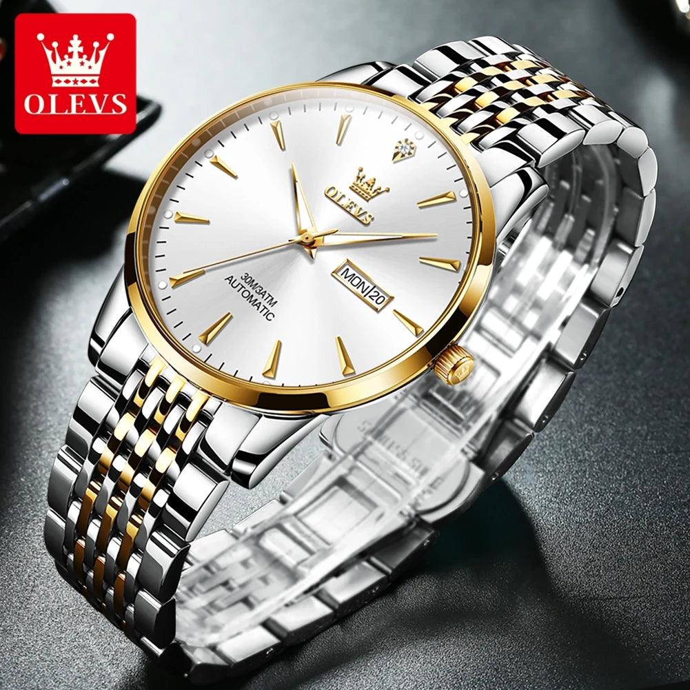 Lamp Post men's gold and white stainless steel automatic mechanical watch with luminous dial, waterproof, and date display.