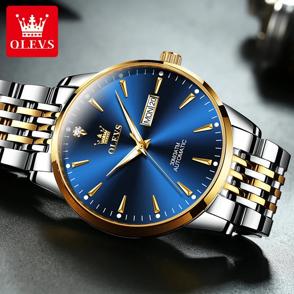 Gold men's wristwatch by Lamp Post featuring a white dial, luminous hands, stainless steel strap, automatic movement, waterproof, and date display.