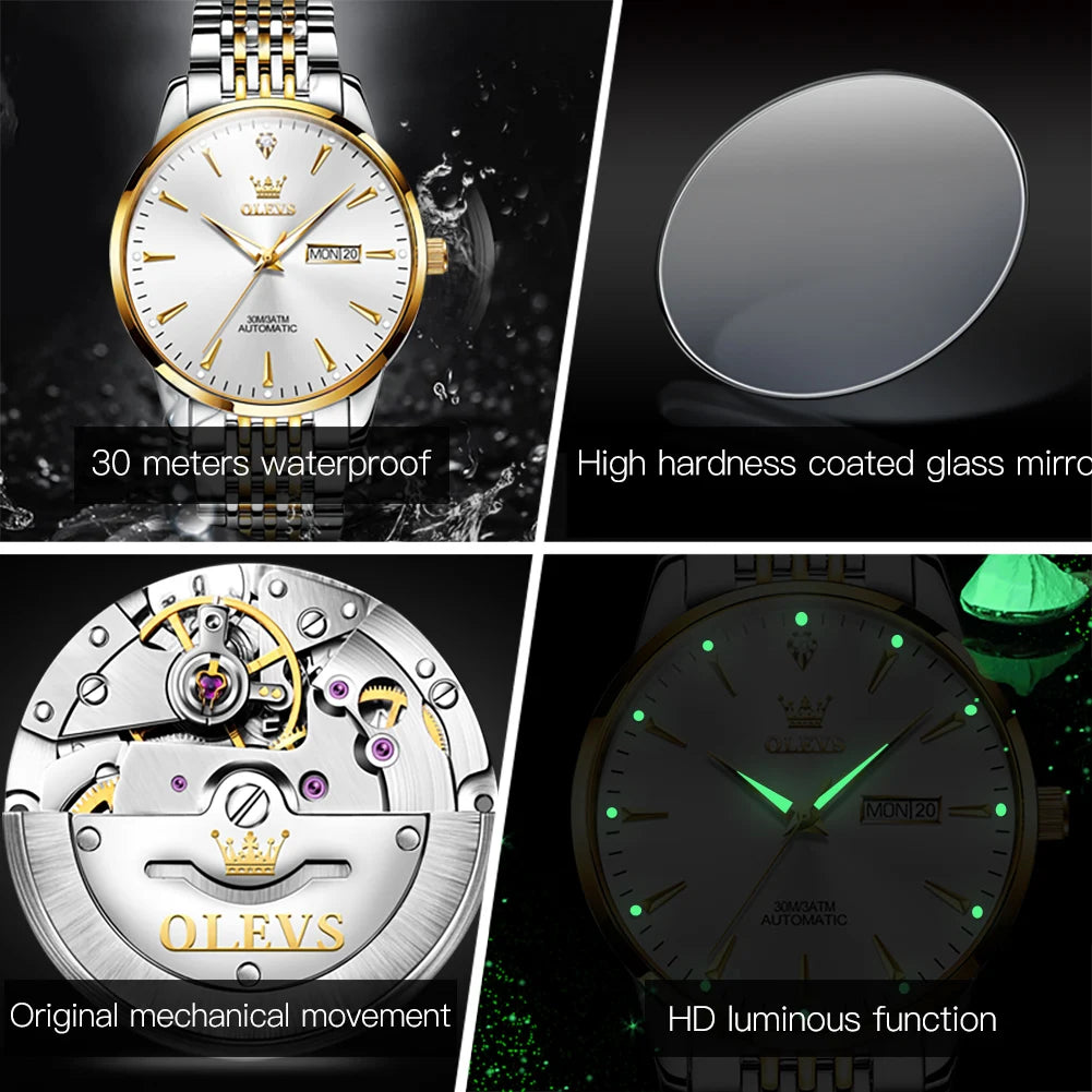Gold and white men's wristwatch by Lamp Post featuring automatic movement, luminous dial, waterproof stainless steel band, and date display.